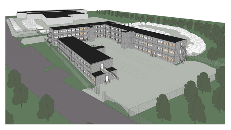 Illustration över moduler i form av en vinkelbyggnad i tre plan samt en mindre byggnad i två plan. 