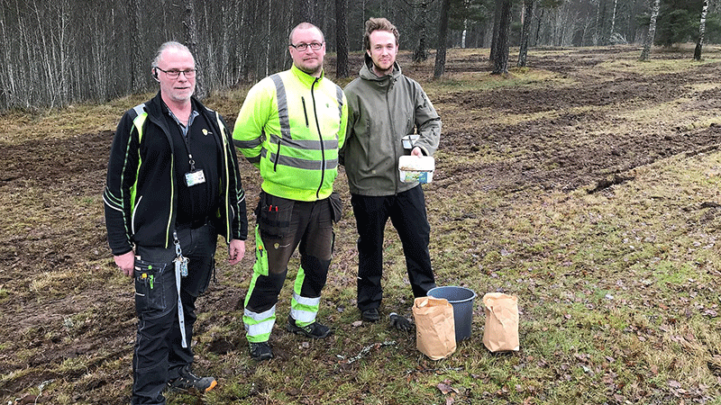 tre personer står på en åker. 