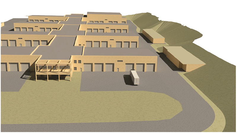 Datorrenderad skiss över envåningsbyggnad med stora garagedörrar i flera flyglar. 